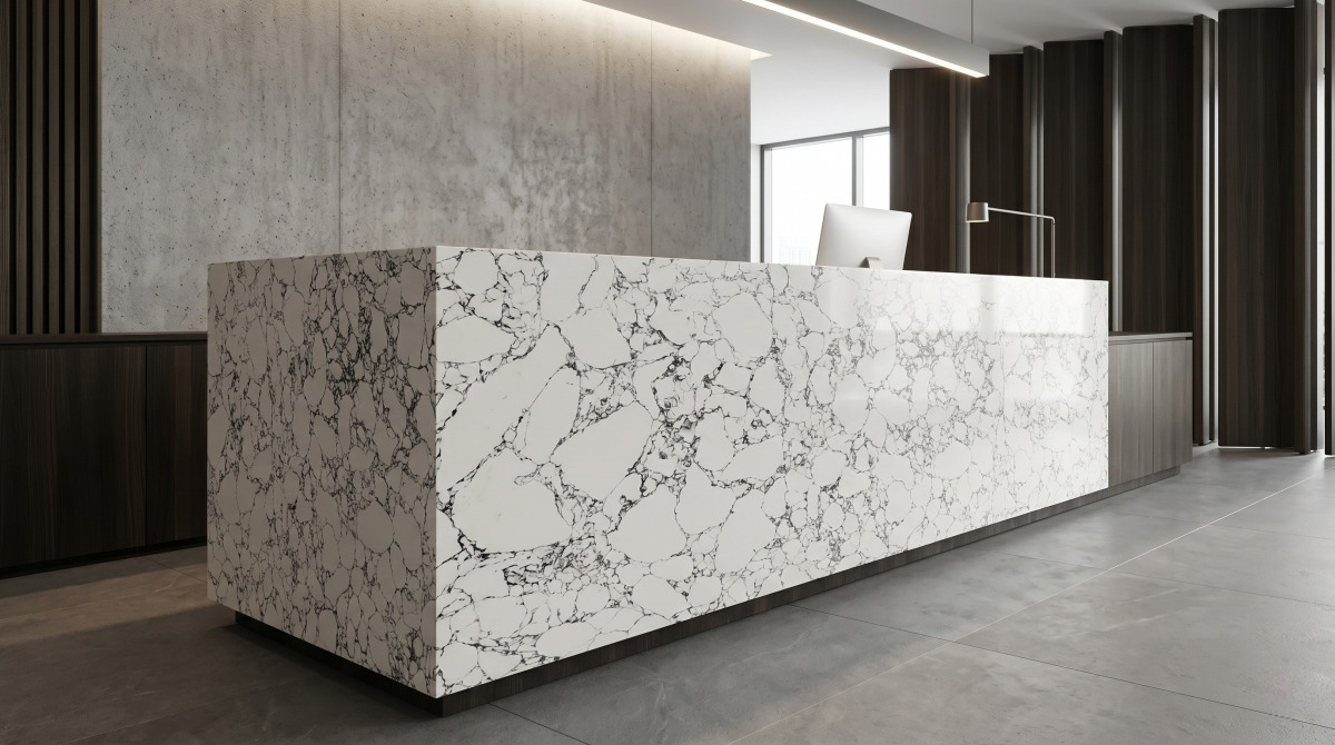 panda-white-artificial-marble-reception-counter Panda White style artificial marble for reception counter design