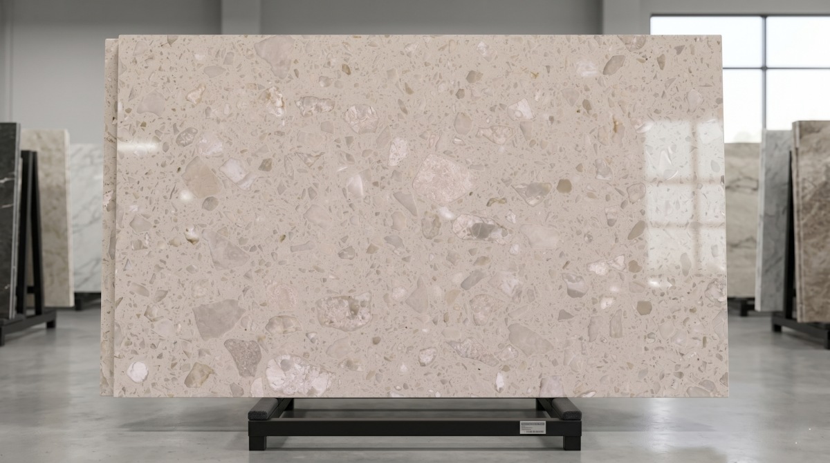 cream-rose-artificial-stone-full-slab Cream Rose Artificial Stone full slab with warm cream base and mixed marble aggregates