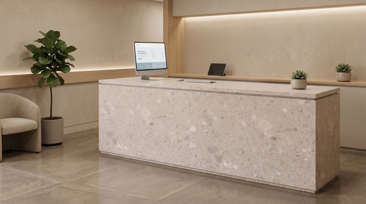 cream-rose-artificial-stone-reception-counter Cream Rose Artificial Stone used on reception counter cladding in a commercial interior