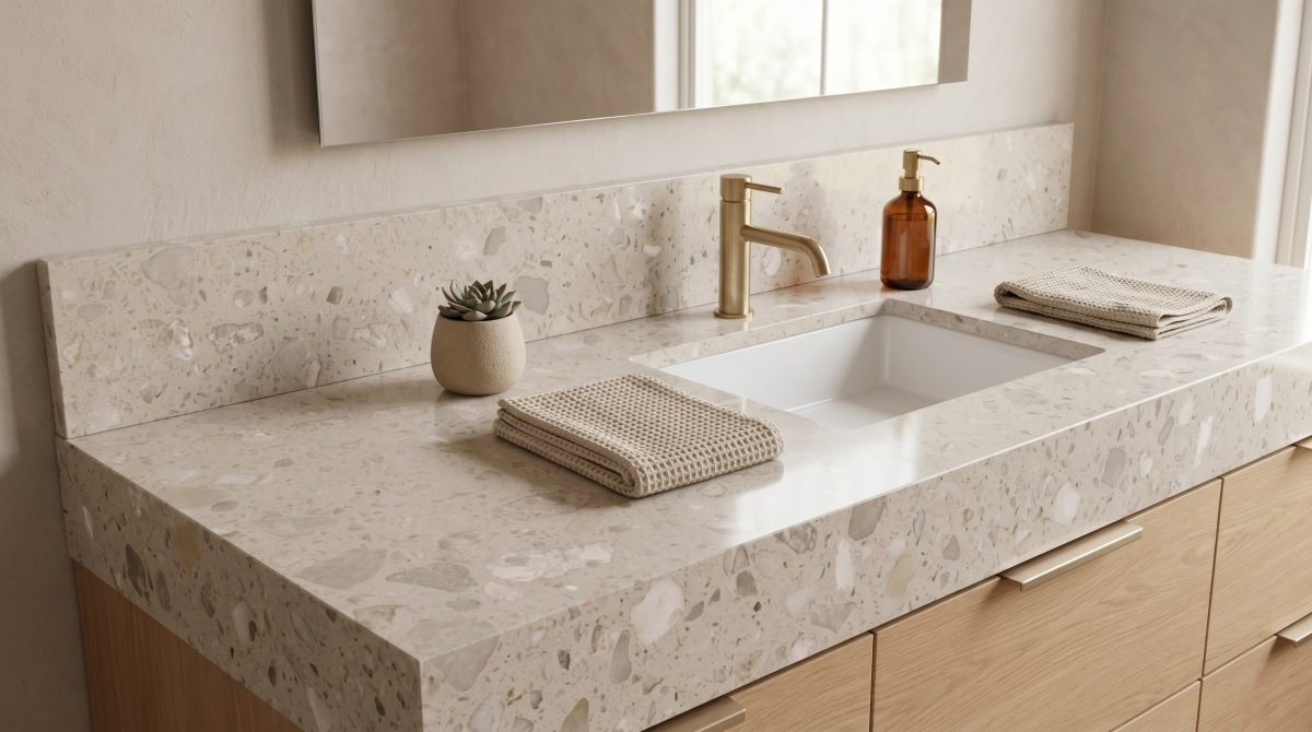 cream-rose-artificial-stone-vanity-top Cream Rose Artificial Stone vanity top in a warm neutral bathroom interior