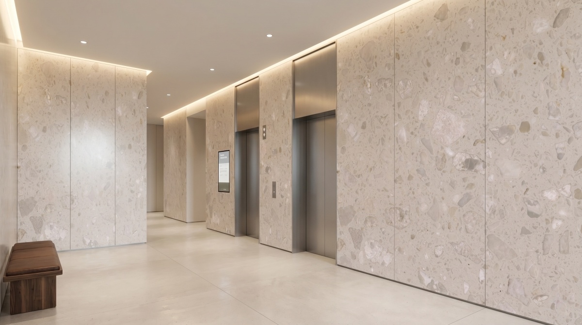 cream-rose-artificial-stone-wall-panel Cream Rose Artificial Stone wall panel application in a hotel or retail interior