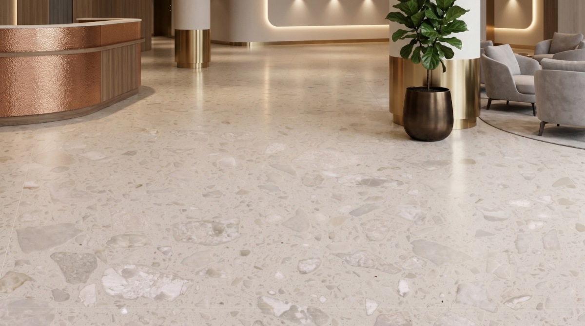 cream-rose-artificial-stone-flooring Cream Rose Artificial Stone flooring application in a calm commercial interior