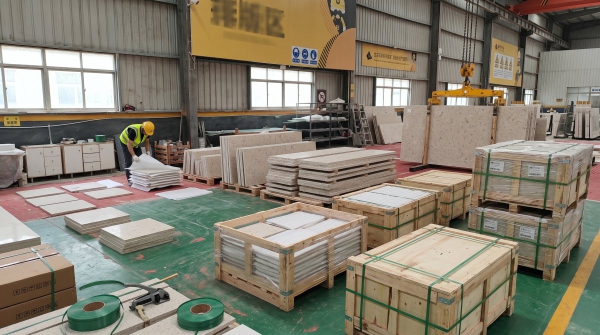 cream-rose-artificial-stone-export-packing Export packing of Cream Rose Artificial Stone slabs for overseas shipment