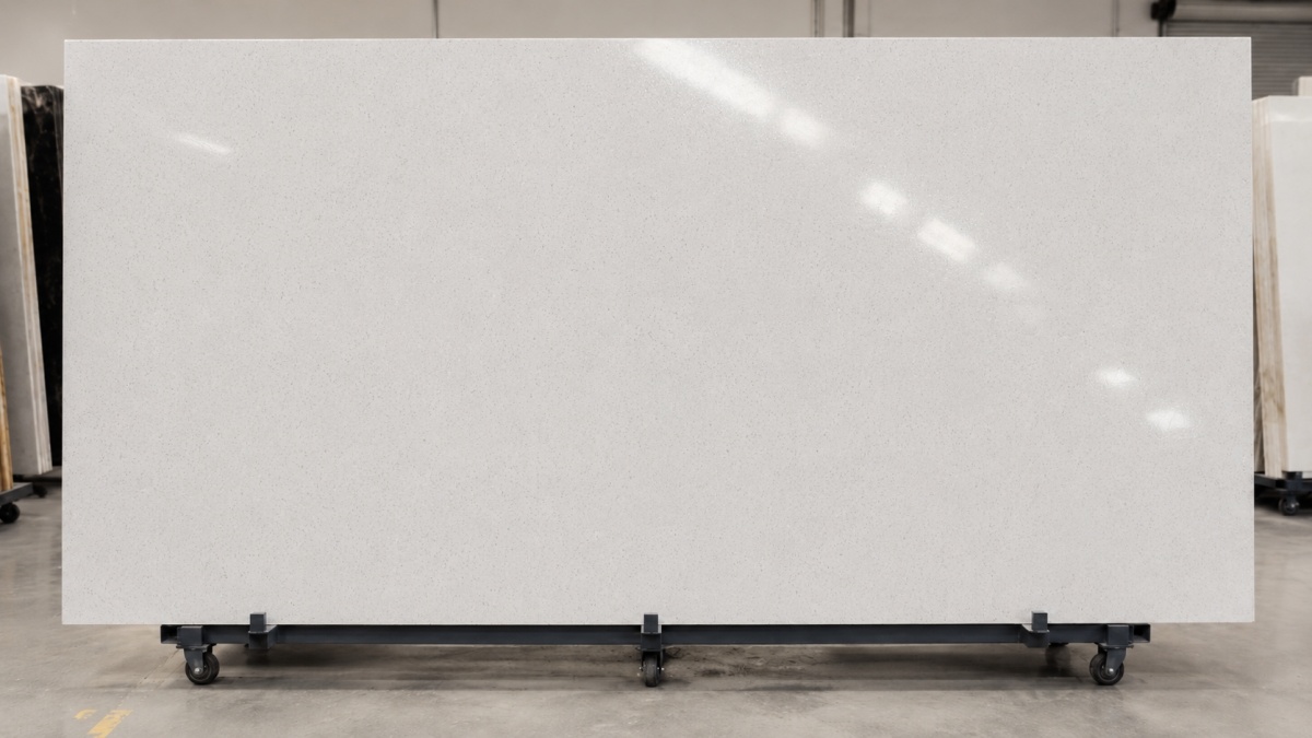commercial-white-artificial-marble-slab Commercial White Artificial Marble slab with soft white-grey base and fine speckles