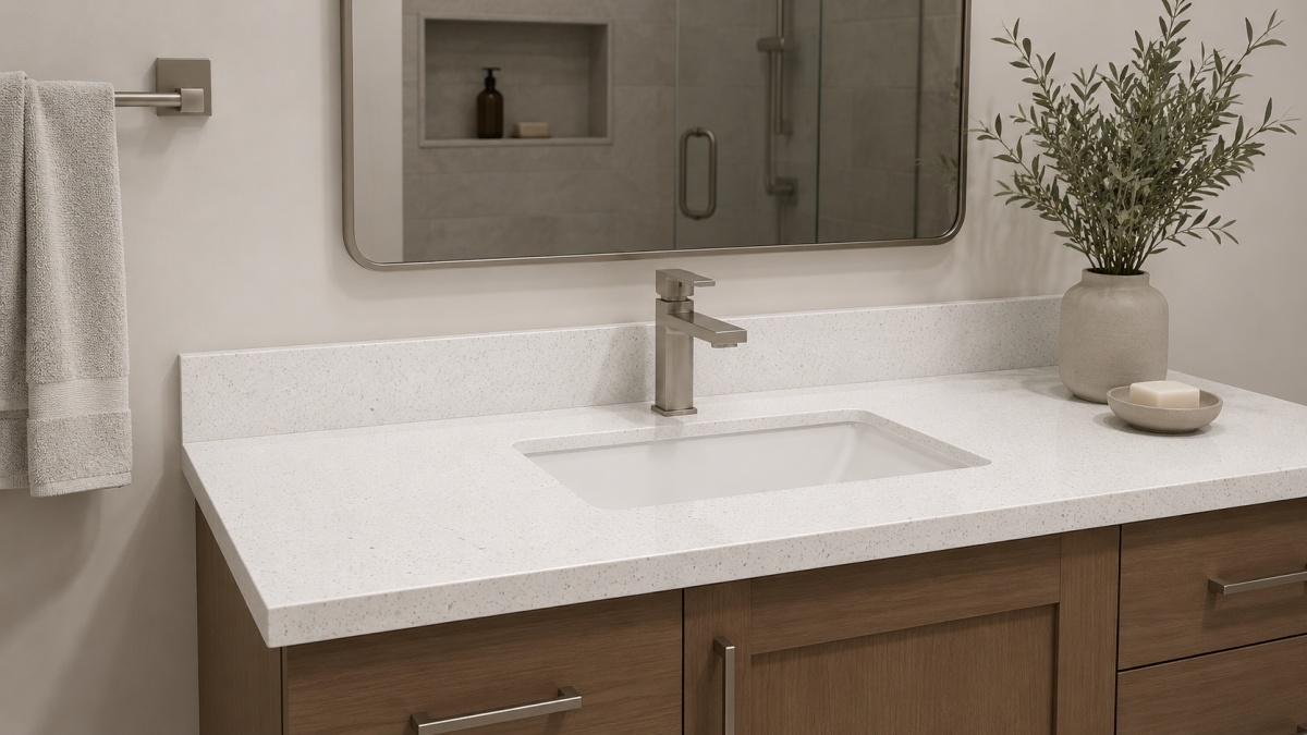 commercial-white-artificial-marble-vanity-top Commercial White Artificial Marble vanity top with fine speckled surface