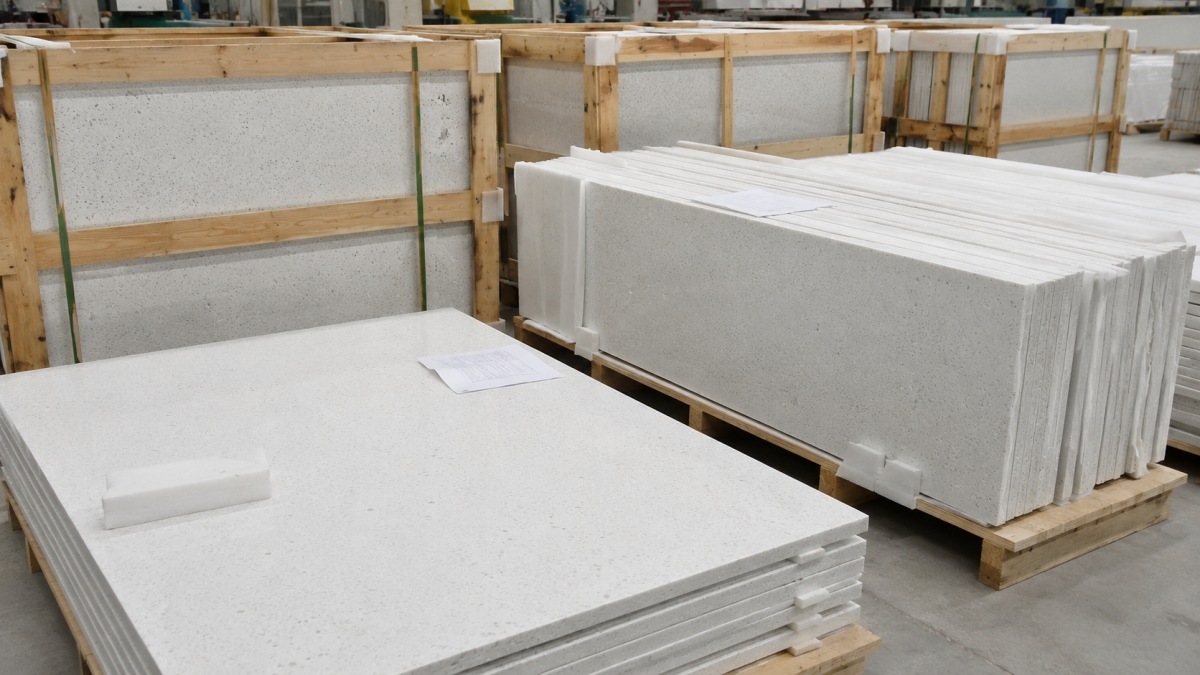commercial-white-artificial-marble-export-packing Export packing of Commercial White Artificial Marble slabs for overseas shipment