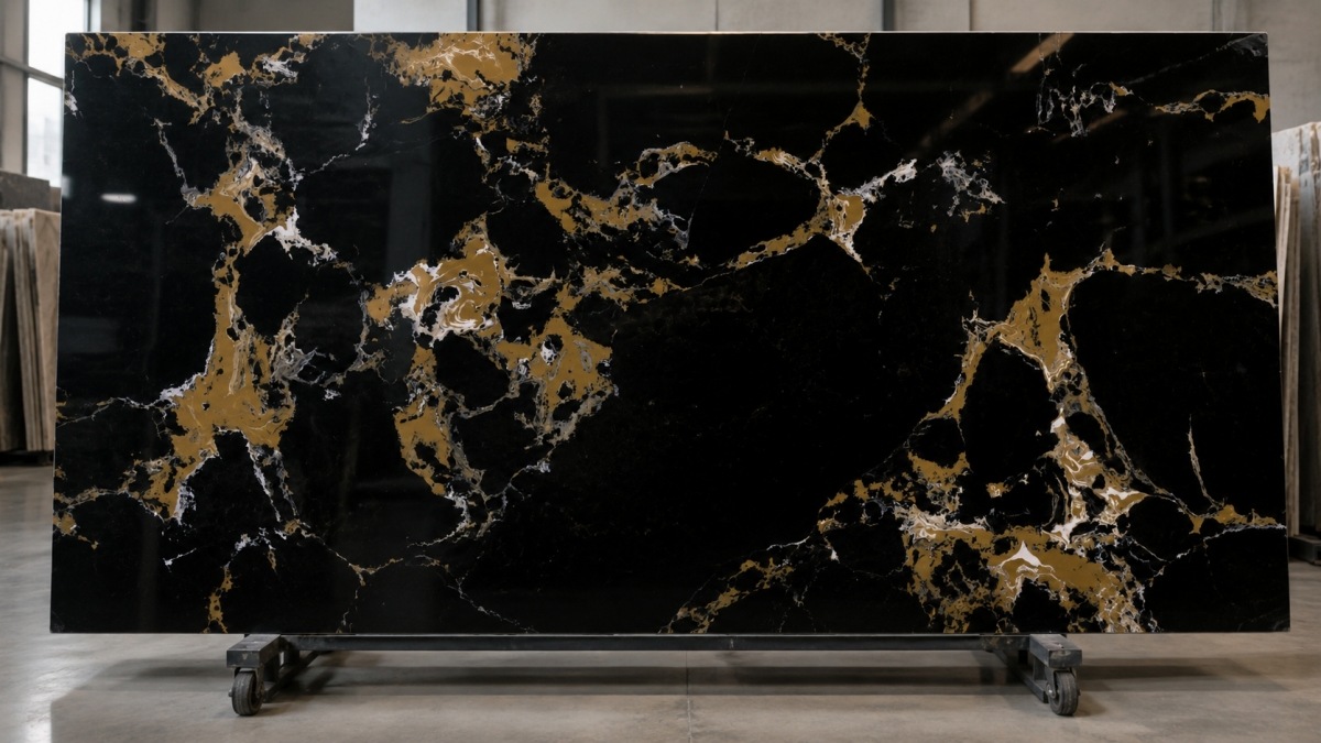 black-portoro-gold-artificial-marble-slab Black Portoro Gold Artificial Marble slab with deep black base and gold white veining