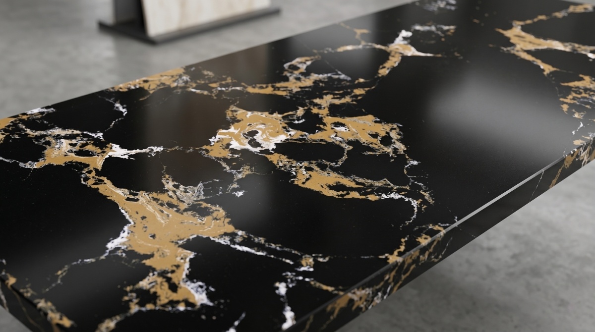 black-portoro-gold-artificial-marble-polished-detail Black Portoro Gold Artificial Marble polished surface detail with deep black background