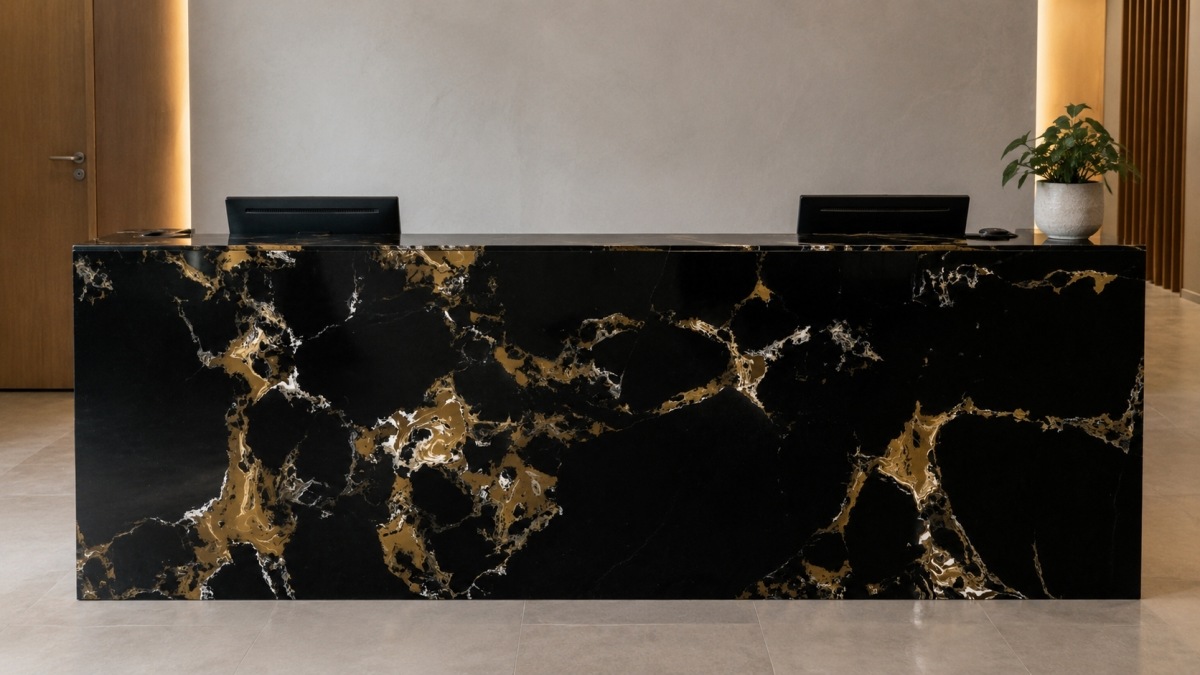 black-portoro-gold-artificial-marble-reception-counter Black Portoro Gold Artificial Marble reception counter application