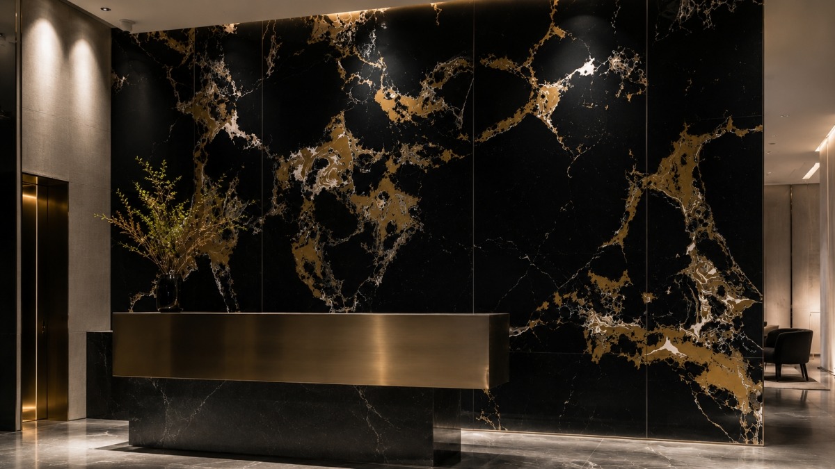 black-portoro-gold-artificial-marble-feature-wall Black Portoro Gold Artificial Marble feature wall in commercial interior
