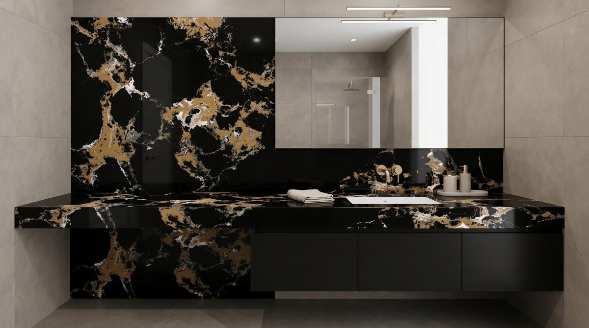 black-portoro-gold-artificial-marble-vanity-top Black Portoro Gold Artificial Marble vanity top with black gold veining