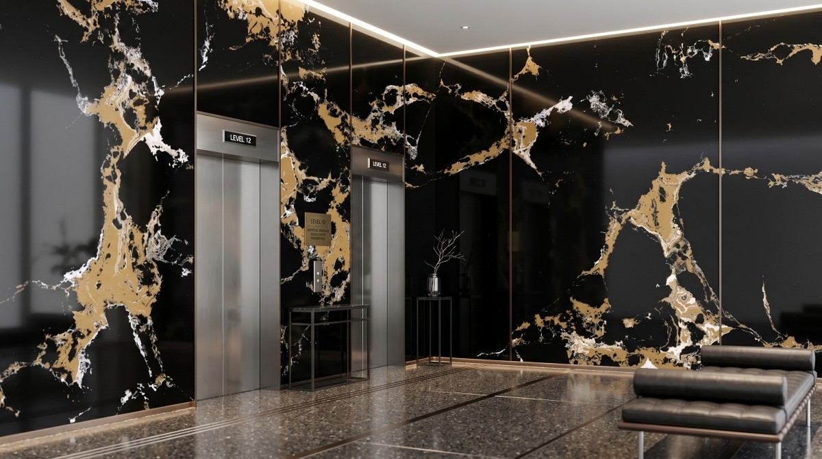 black-portoro-gold-artificial-marble-elevator-lobby-panel Black Portoro Gold Artificial Marble elevator lobby wall panel application