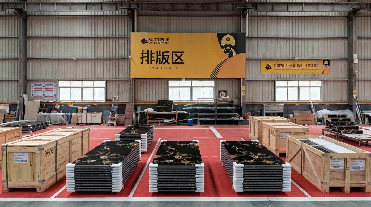 black-portoro-gold-artificial-marble-export-packing Export packing of Black Portoro Gold Artificial Marble slabs for overseas shipment