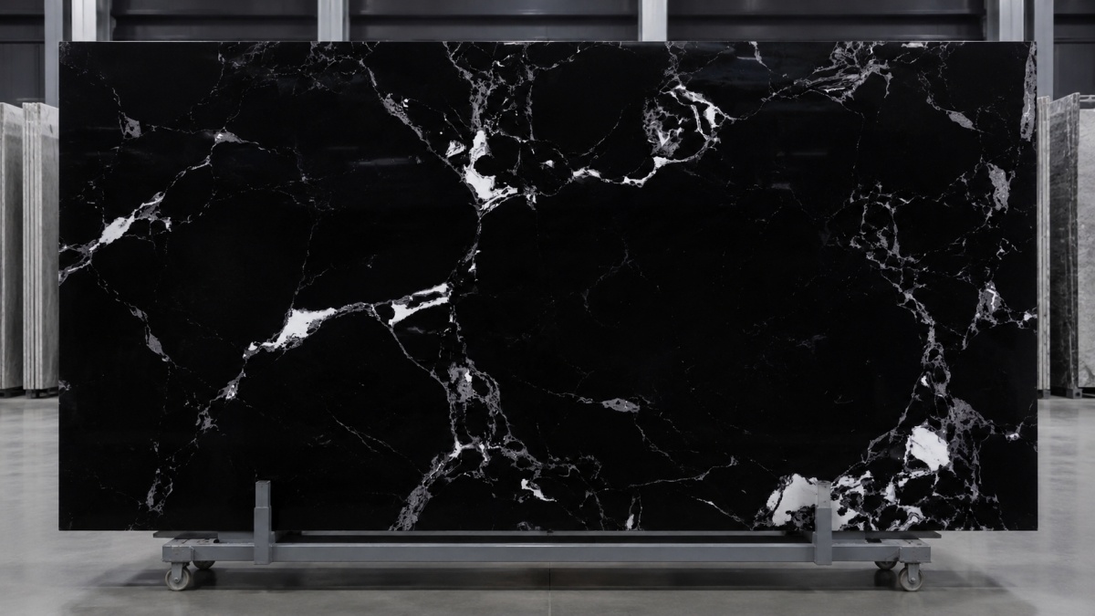 napoleon-black-artificial-marble-slab Napoleon Black Artificial Marble slab with deep black base and white grey veining