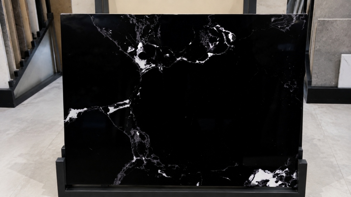 napoleon-black-artificial-marble-polished-detail Napoleon Black Artificial Marble polished surface detail with black background