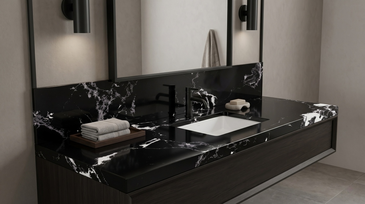 napoleon-black-artificial-marble-vanity-top Napoleon Black Artificial Marble vanity top with black and white vein design