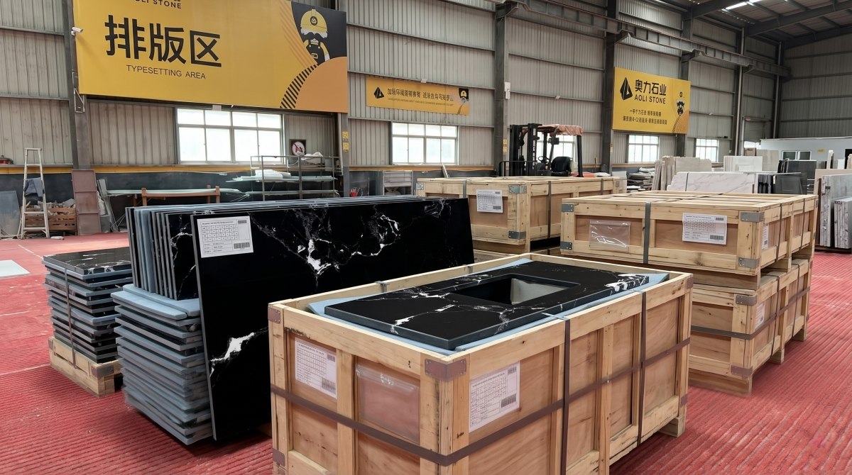 napoleon-black-artificial-marble-export-packing Export packing of Napoleon Black Artificial Marble slabs for overseas shipment