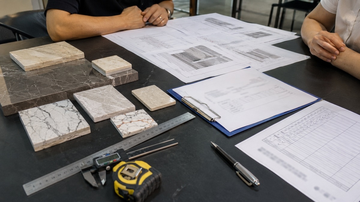 stone-project-order-confirmation-samples-drawings-quotation Stone project order confirmation table with samples drawings and quotation before deposit