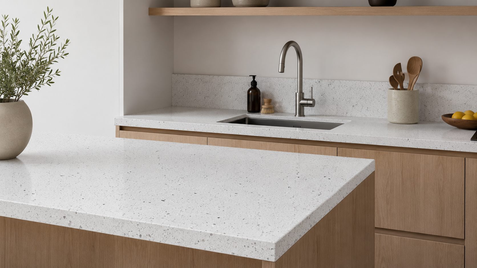 sparkle-white-artificial-marble-kitchen-top Sparkle White Artificial Marble kitchen top with clean white grain surface