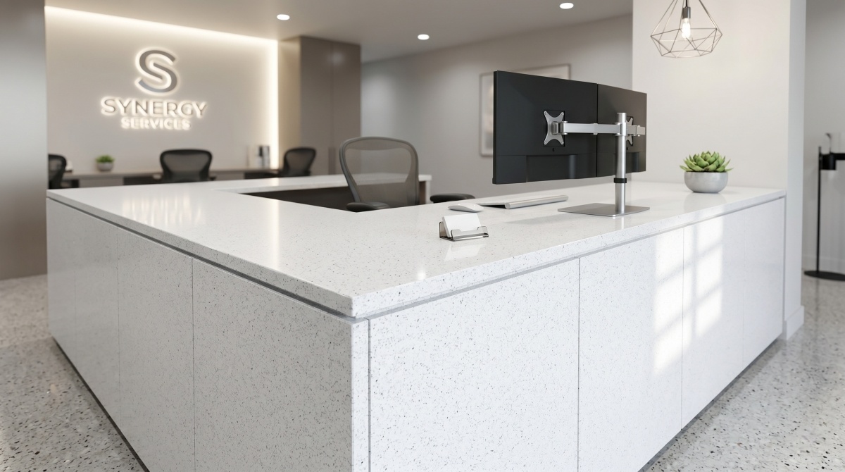 sparkle-white-artificial-marble-reception-counter Sparkle White Artificial Marble reception counter with fine grain surface