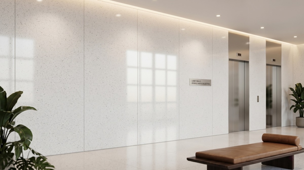 sparkle-white-artificial-marble-wall-panel Sparkle White Artificial Marble wall panel in a clean modern interior
