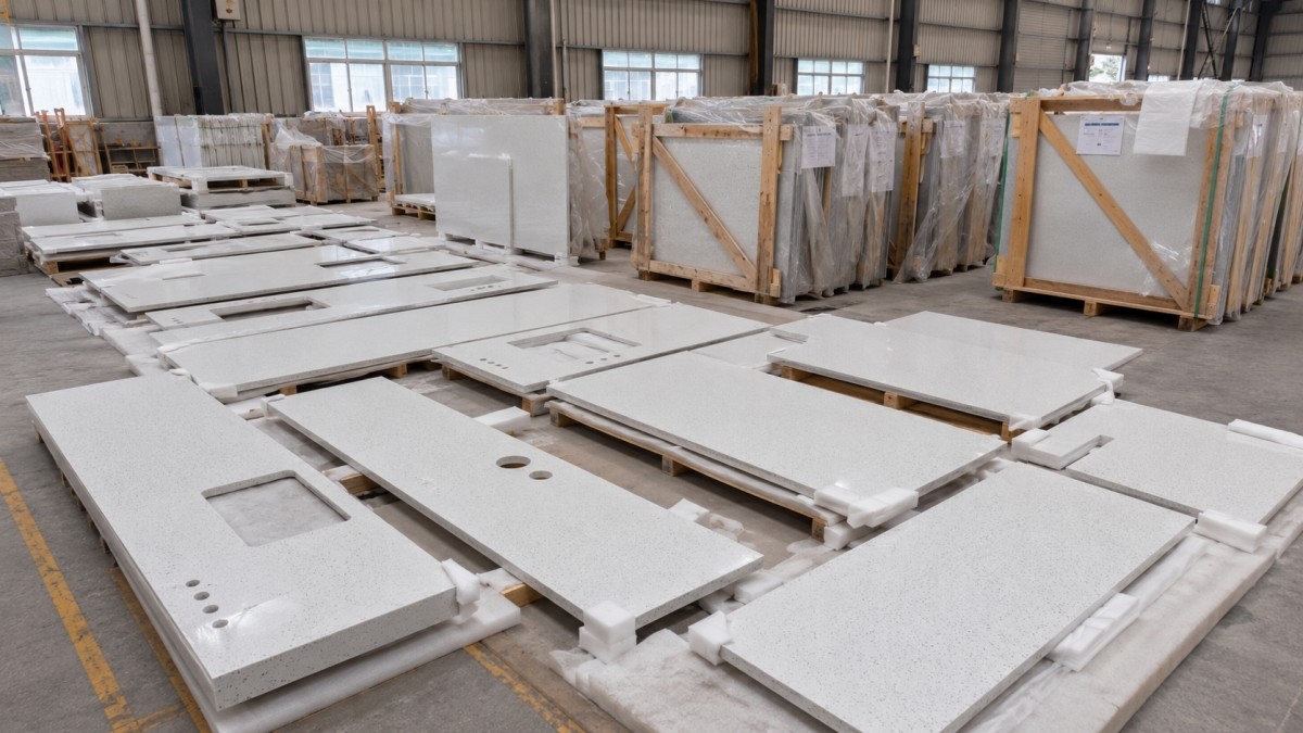 sparkle-white-artificial-marble-export-packing Export packing of Sparkle White Artificial Marble slabs for overseas shipment