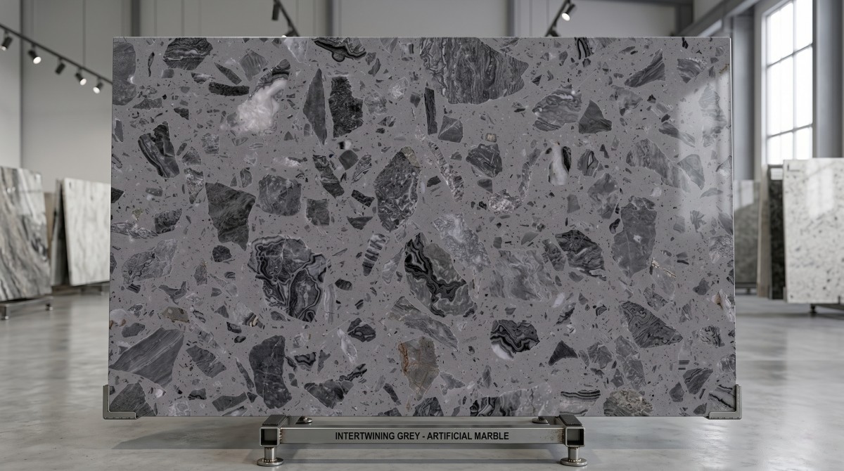 intertwining-grey-artificial-marble-slab Intertwining Grey Artificial Marble slab with grey base and layered stone fragments