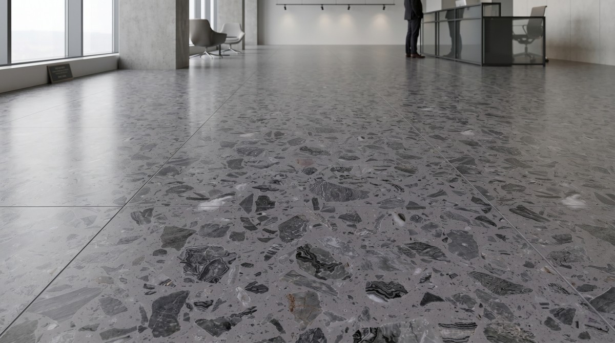 intertwining-grey-artificial-marble-flooring Intertwining Grey Artificial Marble flooring in a commercial interior