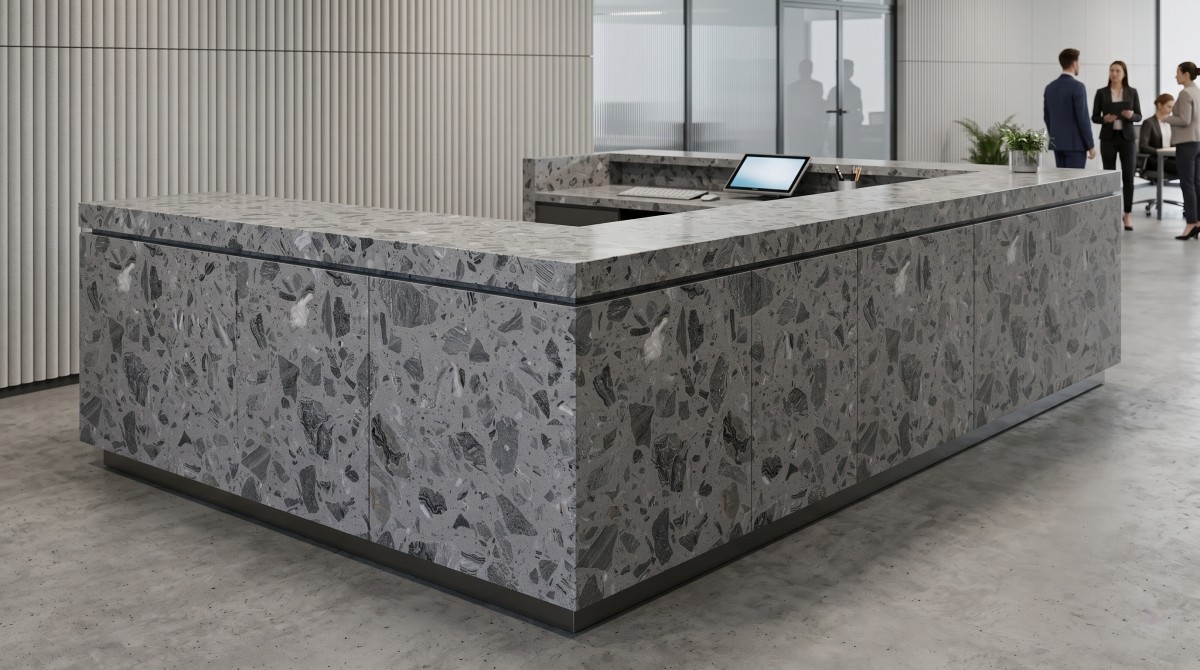 intertwining-grey-artificial-marble-reception-counter Intertwining Grey Artificial Marble reception counter with grey fragment surface