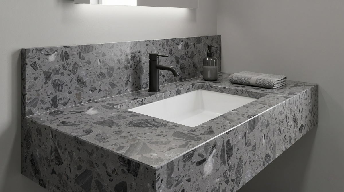 intertwining-grey-artificial-marble-vanity-top Intertwining Grey Artificial Marble vanity top for modern bathroom interior