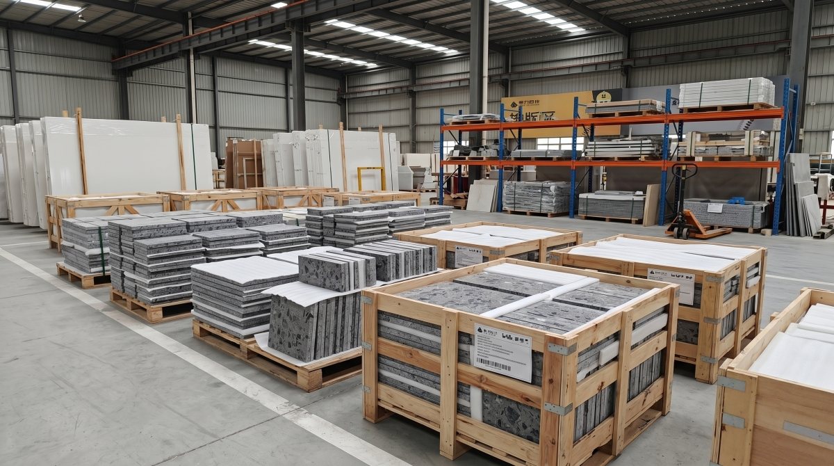 intertwining-grey-artificial-marble-export-packing Export packing of Intertwining Grey Artificial Marble slabs for overseas shipment