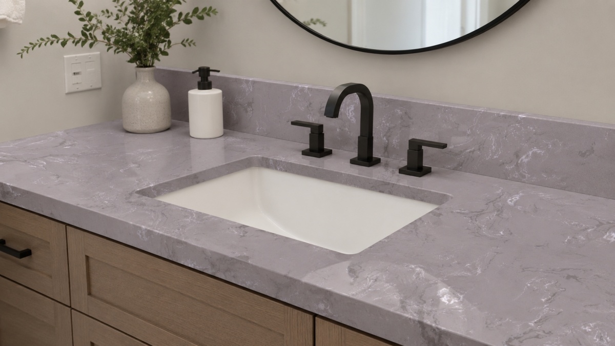 cloudy-grey-artificial-marble-vanity-top Cloudy Grey Artificial Marble vanity top with soft grey engineered marble surface
