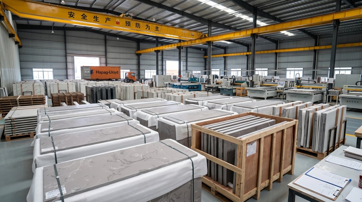 cloudy-grey-artificial-marble-export-packing Export packing of Cloudy Grey Artificial Marble slabs for overseas shipment