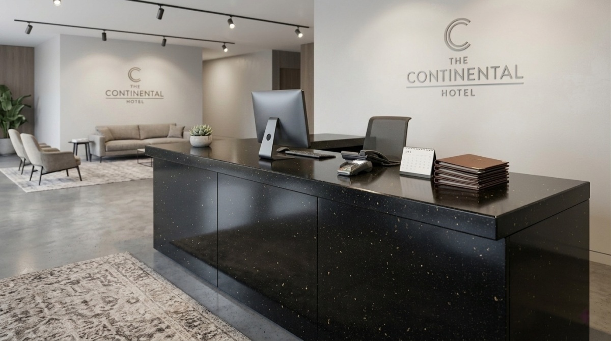 black-galaxy-artificial-marble-reception-counter Black Galaxy Artificial Marble reception counter application