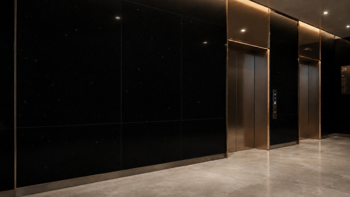 black-galaxy-artificial-marble-feature-wall-panel Black Galaxy Artificial Marble feature wall panel in a commercial interior