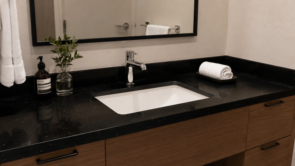 black-galaxy-artificial-marble-vanity-top Black Galaxy Artificial Marble vanity top with dark gold-speck surface