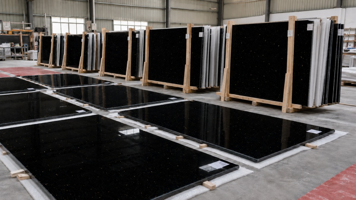 black-galaxy-artificial-marble-export-packing Export packing of Black Galaxy Artificial Marble slabs for overseas shipment