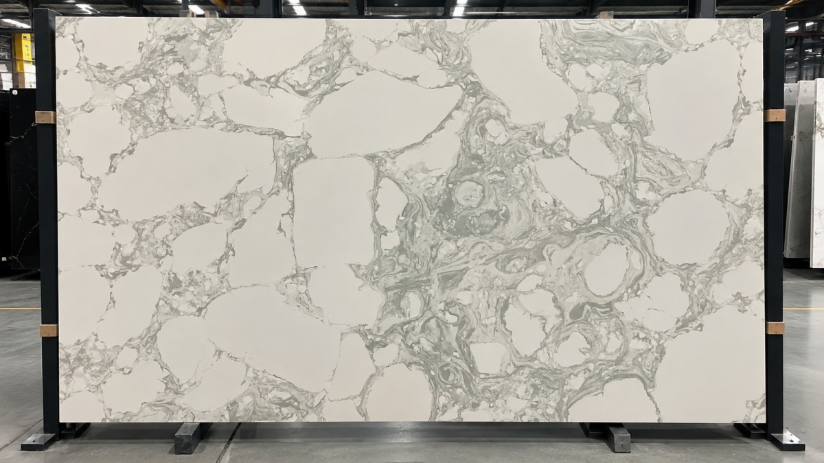 fendy-white-artificial-marble-slab Fendy White Artificial Marble slab with soft white base and grey cloud movement