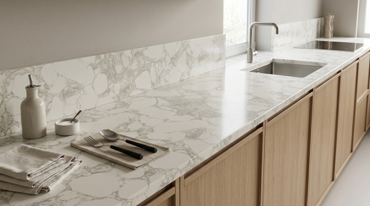 fendy-white-artificial-marble-countertop Fendy White Artificial Marble countertop in a clean modern interior