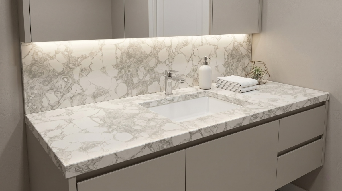 fendy-white-artificial-marble-vanity-top Fendy White Artificial Marble bathroom vanity top with soft grey movement