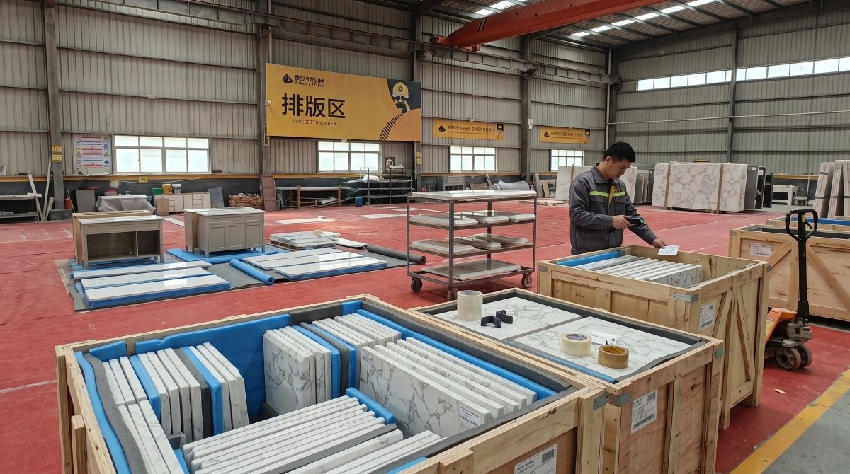 fendy-white-artificial-marble-export-packing Export packing of Fendy White Artificial Marble slabs for overseas shipment