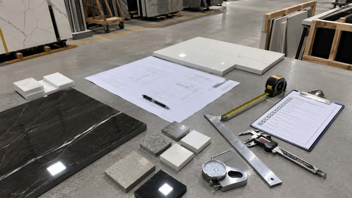 stone-production-inspection-samples-drawings-finished-pieces Stone production inspection with samples drawings measuring tools and finished pieces before shipment