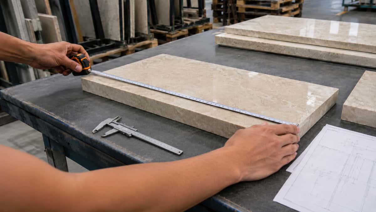 stone-dimension-thickness-inspection-tape-caliper Stone dimension and thickness inspection with tape measure and caliper before shipment
