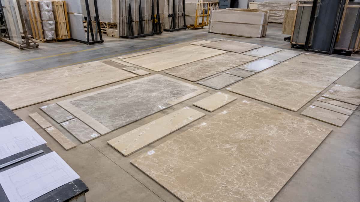 numbered-stone-panels-dry-layout-inspection-before-packing Numbered stone panels arranged for dry layout inspection before packing