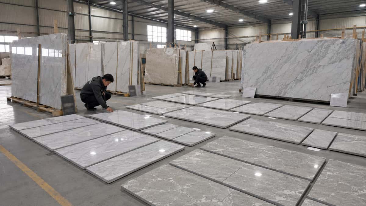 Cut-to-Size Stone Pieces Reviewed Before Packing Numbered stone panels arranged for dry layout inspection before packing