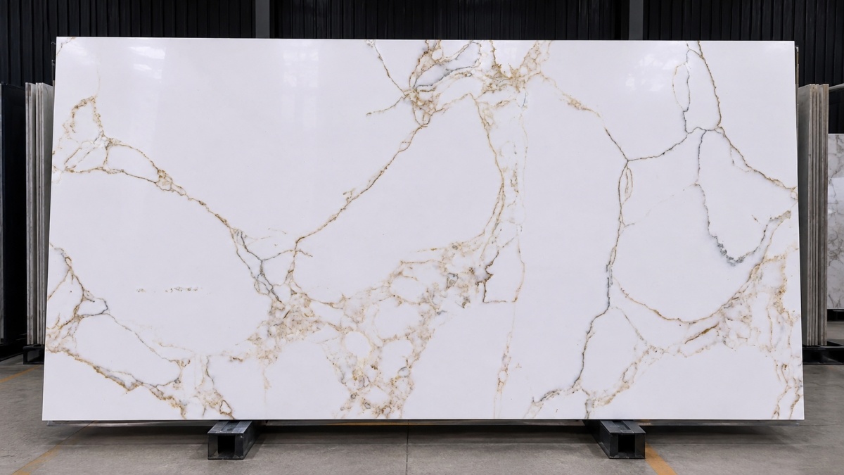calacatta-gold-artificial-marble-slab Calacatta Gold Artificial Marble slab with white base and gold grey veins