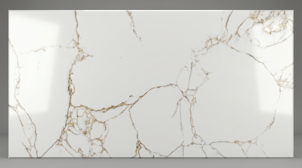 calacatta-gold-artificial-marble-polished-surface Polished Calacatta Gold Artificial Marble surface with large vein movement
