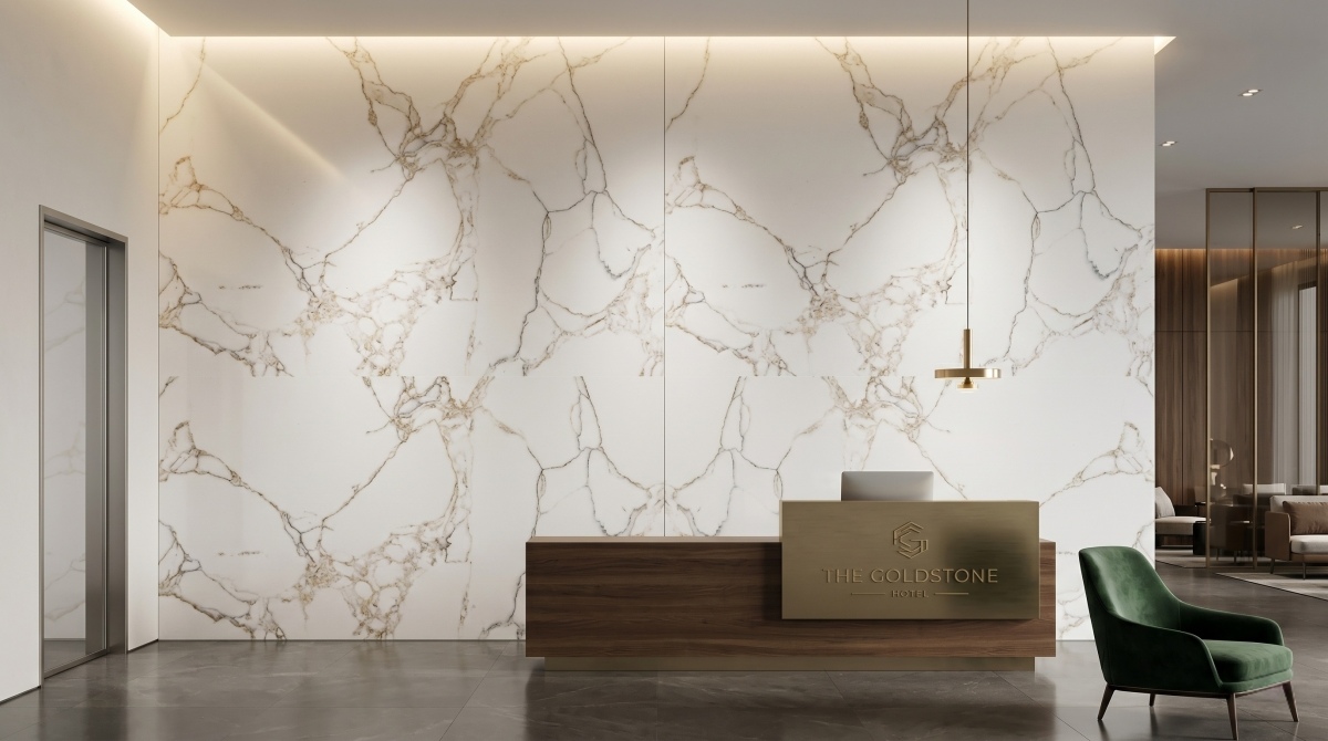 calacatta-gold-artificial-marble-feature-wall Calacatta Gold Artificial Marble feature wall in modern interior