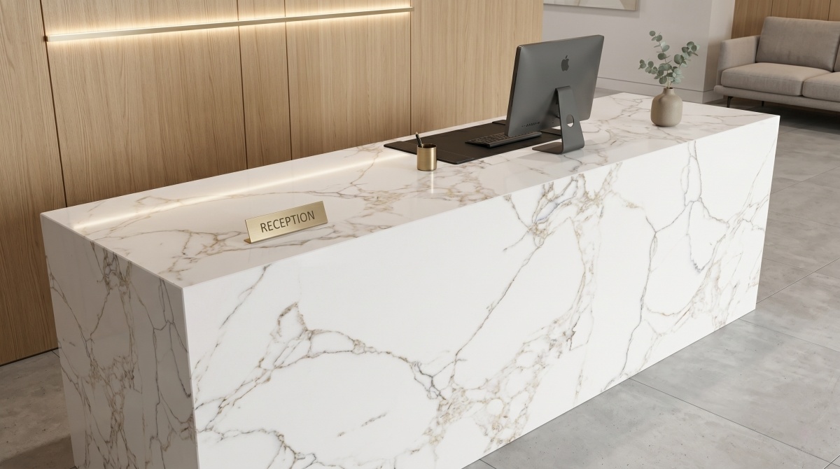 calacatta-gold-artificial-marble-reception-counter Calacatta Gold Artificial Marble reception counter with white gold veining