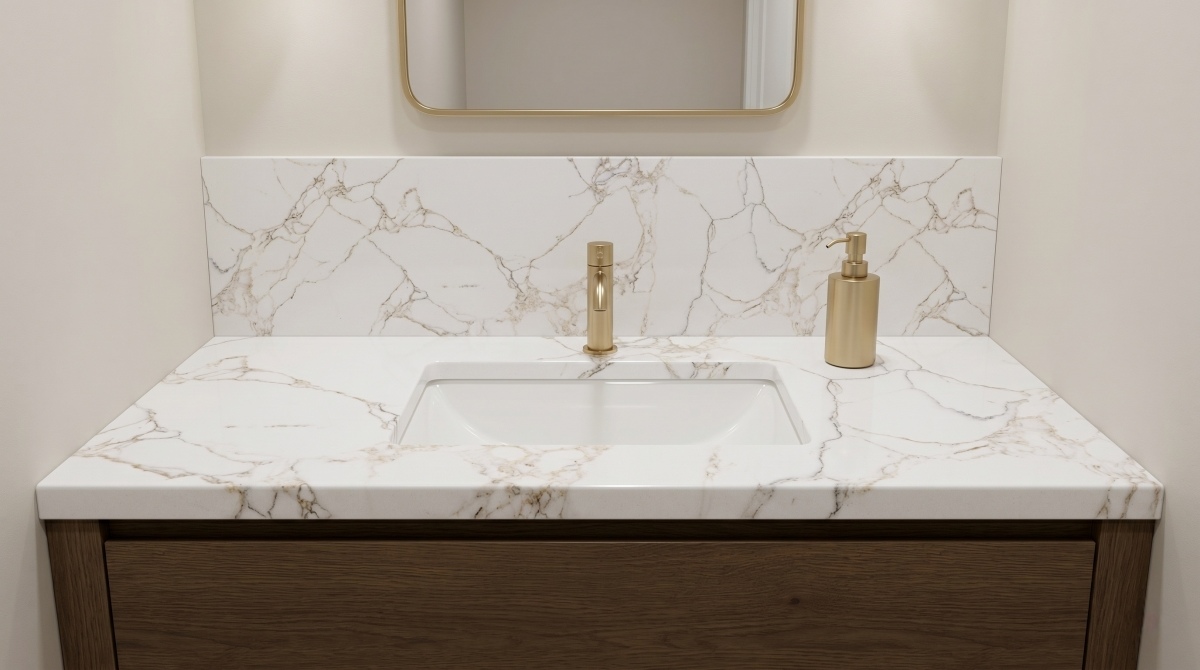 calacatta-gold-artificial-marble-vanity-top Calacatta Gold Artificial Marble bathroom vanity top application